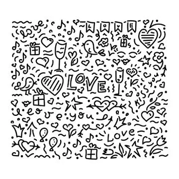 Doodle hand drawing. background . Outline on love theme . For Valentine's day Stock Illustration