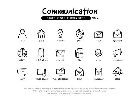 Doodle hand drawing communication icon set pack including mobile phone, pho.. Illustrazione stock