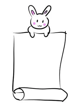 Doodle hand drawing in cute rabbit hold scroll of paper on white background Stock Illustration