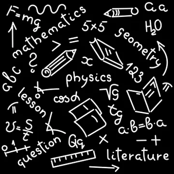 Doodle hand-drawing. Names of school subjects, formulas, books, notebooks, pe Stock Illustration