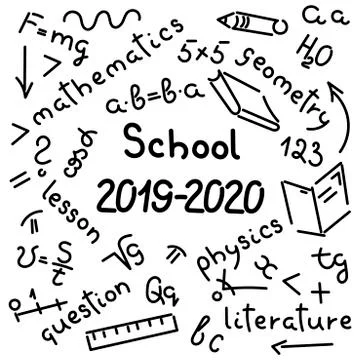 Doodle hand-drawing. Names of school subjects, formulas, books, notebooks, pe Stock Illustration