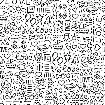 Doodle hand drawing seamless background. Love words, hearts, flowers, abstrac Stock Illustration