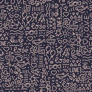 Doodle hand drawing seamless background. Love words, hearts, flowers, abstrac Stock Illustration