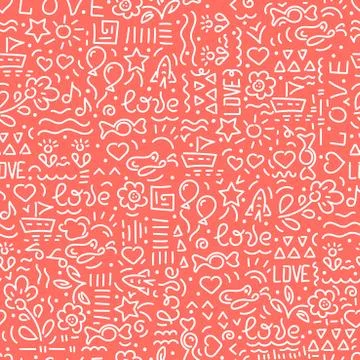 Doodle hand drawing seamless background. Love words, hearts, flowers, abstrac Stock Illustration