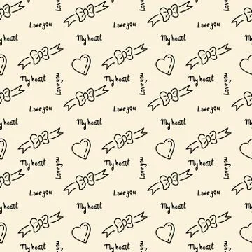 Doodle hand drawing seamless pattern. Words, phrases about love, hearts Stock Illustration