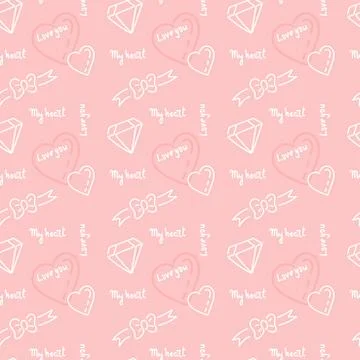 Doodle hand drawing seamless pattern. Words, phrases about love, hearts Stock Illustration
