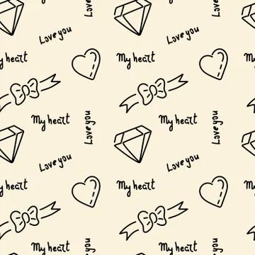 Doodle hand drawing seamless pattern. Words, phrases about love, hearts Stock Illustration