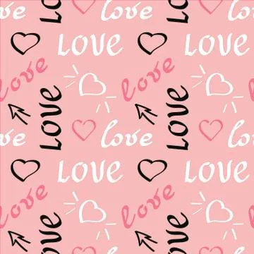 Doodle hand drawing seamless pattern on pink background . White and black Wor Stock Illustration