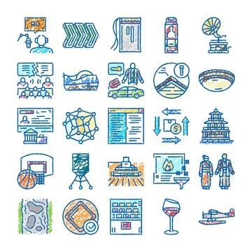 Doodle hand drawing various industry and service icons set 스톡 일러스트