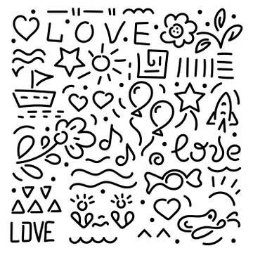 Doodle hand drawing vector illustration. Words of love, hearts, flowers, star Stock Illustration