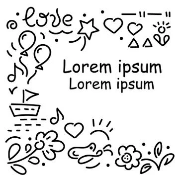 Doodle hand drawing vector illustration. Words of love, hearts, flowers, stars Stock Illustration