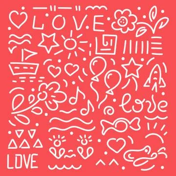 Doodle hand drawing vector illustration. Words of love, hearts, flowers, stars Stock Illustration