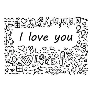 Doodle hand-drawn background, frame and text. I love you, inscription . The o Stock Illustration