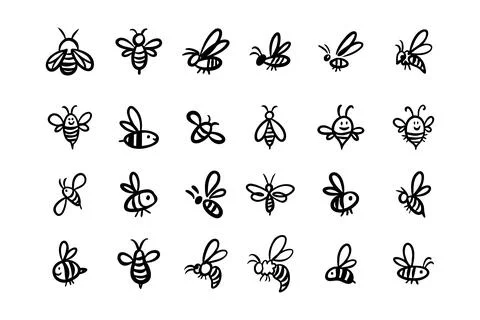 Doodle hand drawn bee. Set Cartoon outline line style bees. Stock Illustration