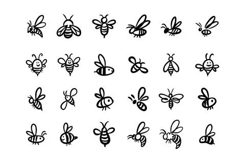 Doodle hand drawn bee. Set Cartoon outline line style bees. Stock Illustration