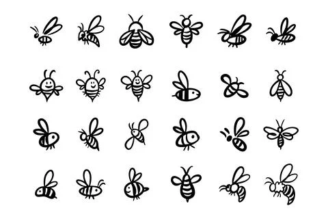 Doodle hand drawn bee. Set Cartoon outline line style bees. Stock Illustration