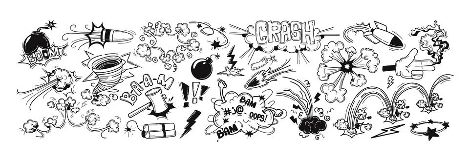 Doodle hand drawn comic bomb explosions with boom crash effect Illustrazione stock