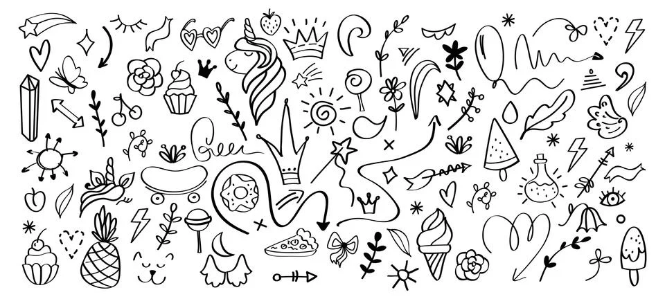 Doodle hand drawn elements. Cartoon abstract pencil sketch. Isolated outline Stock Illustration