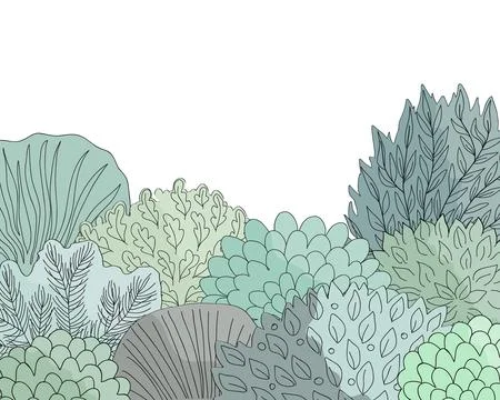 Doodle hand drawn forest border in linear style. Fairy floral background. V.. Stock Illustration