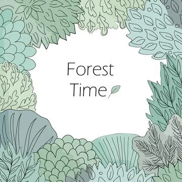 Doodle hand drawn forest frame in linear style. Floral border with place fo.. Stock Illustration