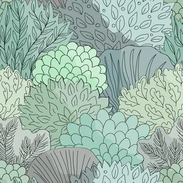 Doodle hand drawn forest in linear style. Seamless floral pattern. Vector ill Illustrazione stock