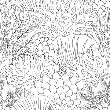 Doodle hand drawn forest in linear style. Black and white. Seamless floral .. Illustrazione stock