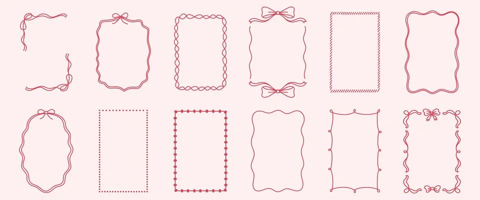 Doodle hand drawn frames with wavy lines, bows and ribbons. Minimalist simple Stock Illustration