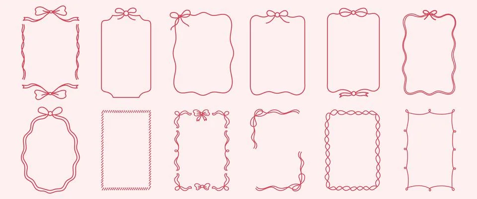 Doodle hand drawn frames with wavy lines, bows and ribbons. Minimalist simple Stock Illustration