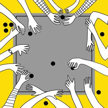 Doodle hand drawn hands in different gestures with dice on table game. Stock Illustration