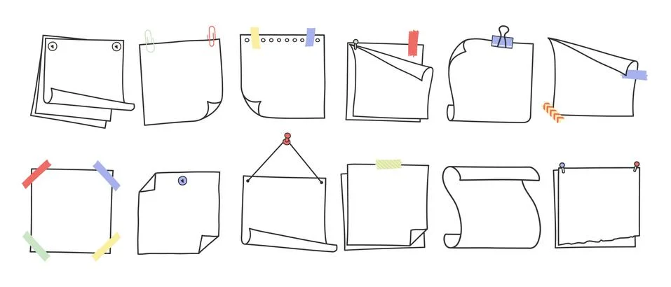 Doodle hand drawn memo notes and reminders vector illustration set. Illustrazione stock