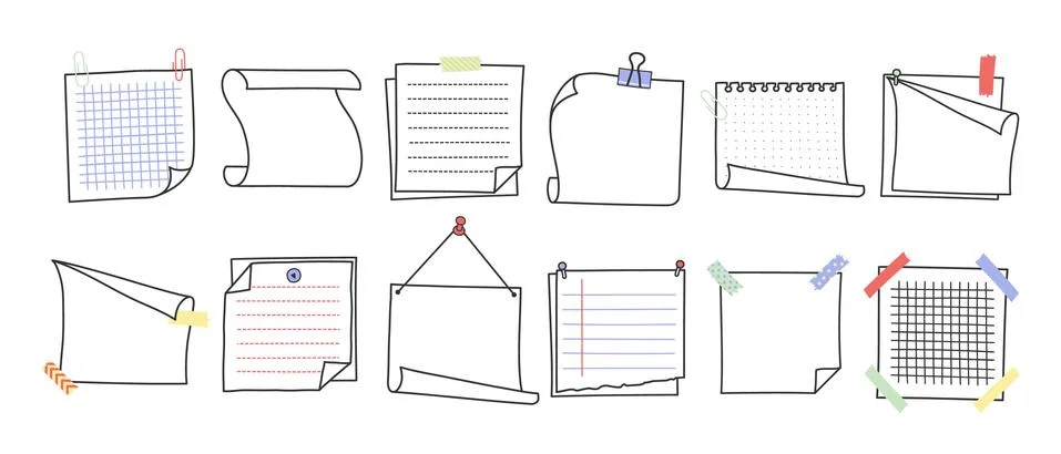 Doodle hand drawn memo notes and reminders vector illustration set. Stock Illustration