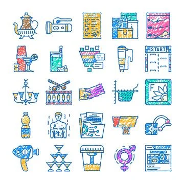 Doodle hand drawn miscellaneous object icon set Stock Illustration