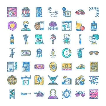 Doodle hand drawn multimedia vector icons set Stock Illustration