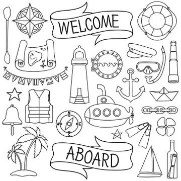Doodle hand drawn nautical decor set Illustrazione stock