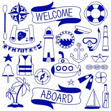 Doodle hand drawn nautical decor set 스톡 일러스트