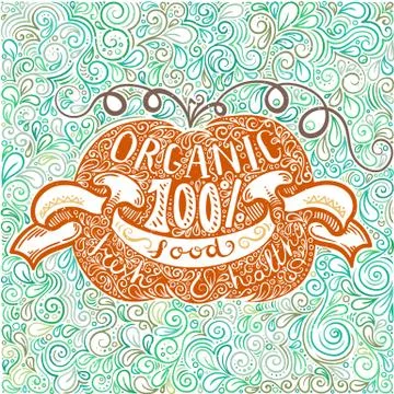 Doodle hand drawn poster with pumpkin on a pattern background with eco letter Stock Illustration