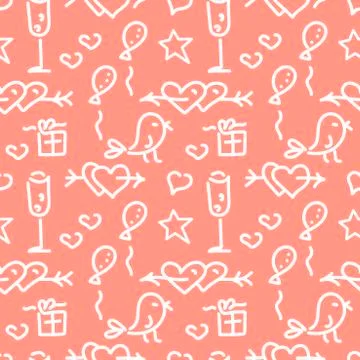 Doodle hand drawn seamless pattern, holiday theme. Hearts, arrows, gifts, sma Stock Illustration