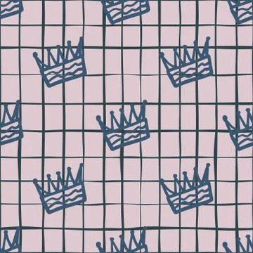 Doodle hand drawn seamless pattern with navy blue contoured crowns. Light pur Illustrazione stock