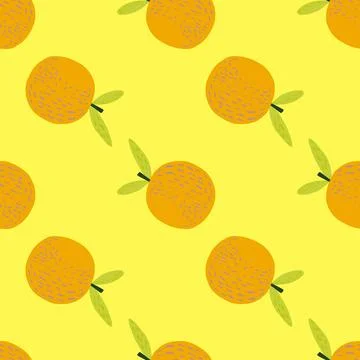 Doodle hand drawn seamless pattern with citrus orange mandarin print. Yellow  Stock Illustration