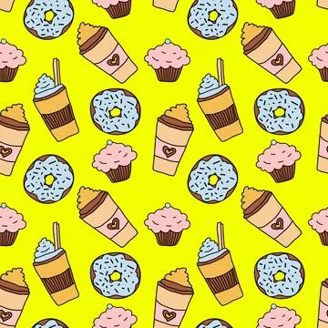 Doodle hand drawn seamless pattern with coffee, donut and cupcake on yellow Stock Illustration