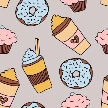 Doodle hand drawn seamless pattern with coffee, donut and cupcake Stock Illustration