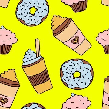 Doodle hand drawn seamless pattern with coffee, donut and cupcake on yellow Stock Illustration