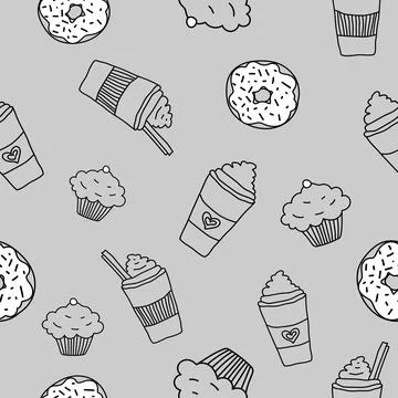 Doodle hand drawn seamless pattern with coffee, donut and cupcake on grey Stock Illustration