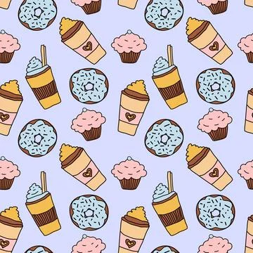 Doodle hand drawn seamless pattern with coffee, donut and cupcake on blue Stock Illustration