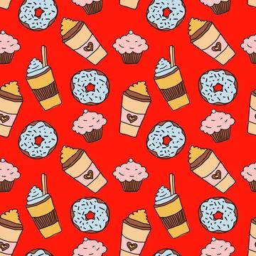 Doodle hand drawn seamless pattern with coffee, donut and cupcake on red Stock Illustration