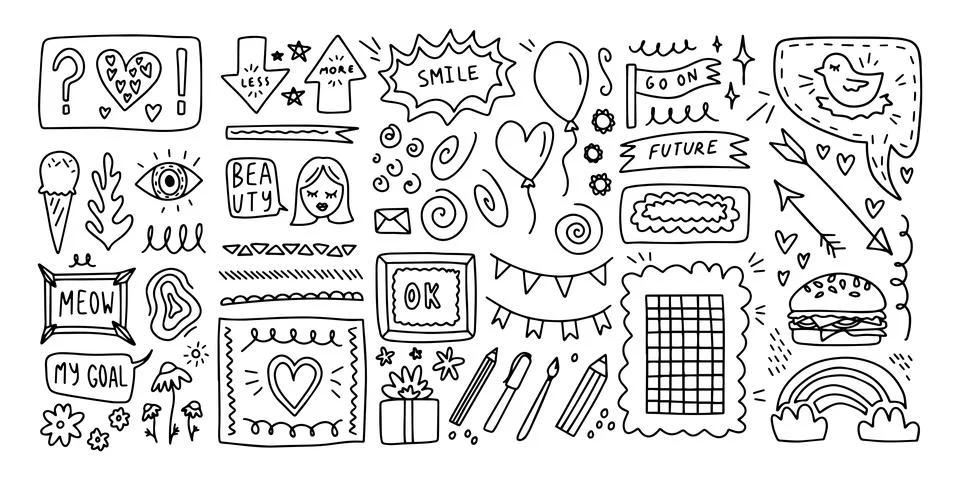 Doodle hand drawn set. Creative abstract sketch outline elements. For diary Stock Illustration