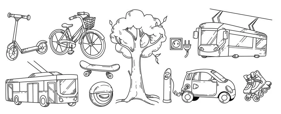 Doodle hand drawn set of different eco city transport Stock Illustration