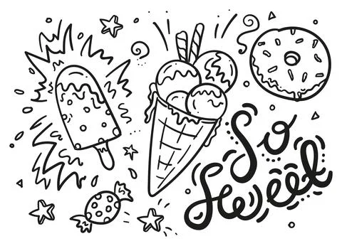 Doodle hand drawn set with ice cream, donut, candy and sweet lettering Stock Illustration