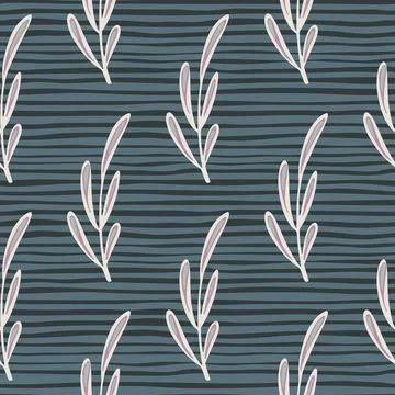 Doodle hand drawn simple twig ornament seamless pattern. Dark blue striped ba Stock Illustration