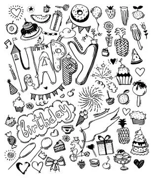 Doodle hand drawn sketch, set of happy birthday design elements. Fruit, cake Stock Illustration